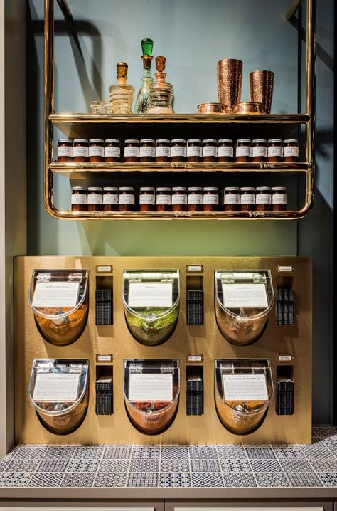 Tea Store Design, Nut Store, Grocery Store Design, Supermarket Design, Shop Doors, Retail Inspiration, Tea Store, Spice Shop, Retail Store Design