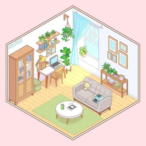 Felice Regina on Instagram: “I was itching to draw another isometric room and this ikea-wannabe room ended up being the result! I snuck in some of my own possessions…” Room Drawings Aesthetic, Aesthetic Bedroom Drawing, Rooms Drawing, Korilakkuma Plush, Room Digital Art, Isometric Rooms, Living Room Drawing, Isometric Room, Drawing Rooms