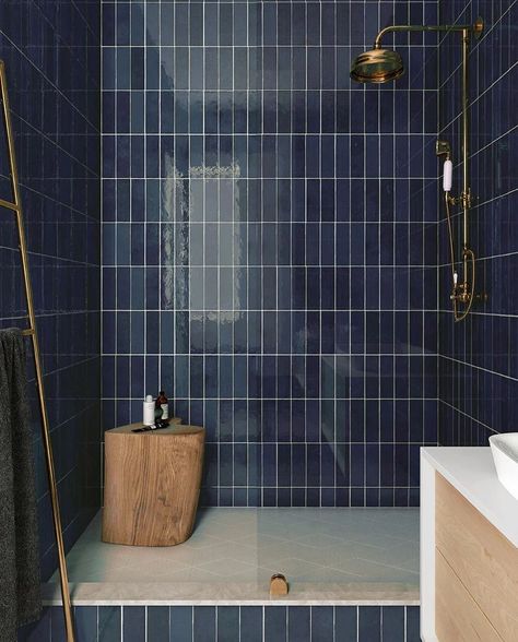 Modern Cobalt Blue Ceramic Tile Shower with Gold and Wood Accents Ceramic Tile Shower Ideas, Ceramic Shower Tile, Dark Blue Tile, Blue Shower Tile, Dark Blue Bathrooms, Marble Bathroom Floor, Blue Subway Tile, Blue Bathroom Tile, Tile Layout