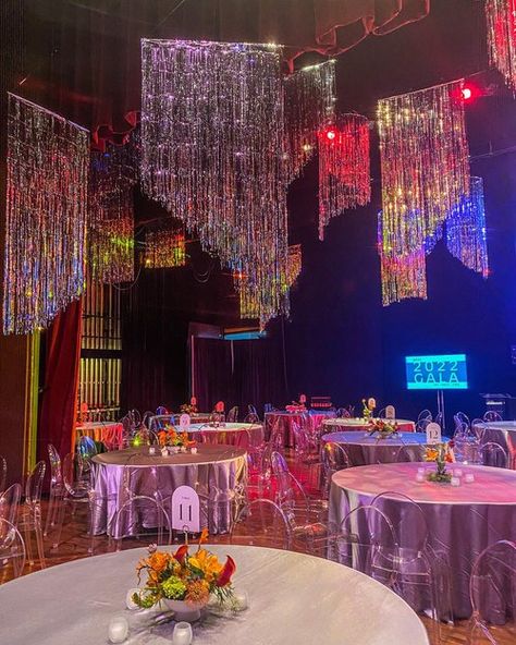 Drag Show Decorations, Prom Wedding Theme, 2023 Backdrop Trends, Neon Light Centerpieces, Disco Ceiling Decor, Disco Theme Gala, Fringe Ceiling Decor, Disco Centerpieces, Club Themed Party