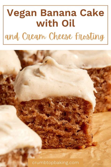 This Banana Cake Recipe with Oil is easy and moist with a cinnamon cream cheese frosting. It's egg-free and dairy-free so completely vegan! Egg Free Banana Cake, Banana Cake With Oil, Cake Recipe With Oil, Banana Bread Cream Cheese, Cakes Made With Oil, Vegan Banana Cake, Banana Cake Recipe Easy, Cream Cheese Frosting Cake, Cinnamon Cream Cheese