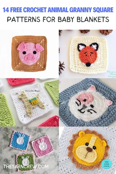 More than just cute, these free crochet animal granny squares are a fun skill-building project. Visit my blog, The Yarn Crew, to learn more. Animal Granny Squares, Crochet Cozies, Crochet Craft Fair, Granny Square Patterns, Granny Square Projects, Crochet Game, Crochet Lion, Skill Building, Crochet Cozy