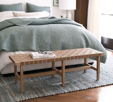 Fenton Woven Leather Bench, Seadrift Frame, Churchfield Camel | Pottery Barn End Of Bed Bench, Cottage Kitchens, Leather Bench, Bed Bench, Small Space Solutions, Bedroom Bench, Kiln Dried Wood, Furniture Collections, Cozy Cottage