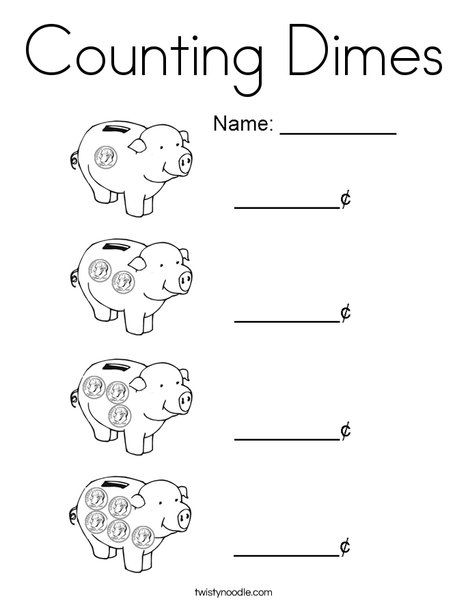 Counting Dimes Coloring Page - Twisty Noodle Counting Nickels Worksheet, Counting Dimes Worksheet, Counting Quarters, Counting Money Activities, Third Grade Worksheets, Learning Money, Teaching Money, Teaching Boys, Twisty Noodle