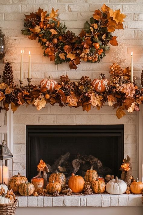 This pin showcases elegant Thanksgiving mantel decor ideas to infuse fall vibes into your home. The images highlight various mantel arrangements with pumpkins, foliage, candles, and other seasonal elements Mantel Arrangements, Thanksgiving Mantel Decor, Elegant Thanksgiving, Mantel Ideas, Well Decor, Warm Autumn, Thanksgiving Decor, Elegant Decor, Modern Chic