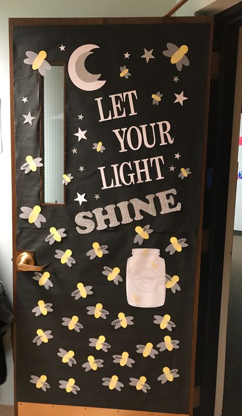 Firefly - Let your light SHINE! Classroom Door Ideas All Year, Lost And Found Classroom Ideas, Headstart Door Decorations, Light Theme Classroom, Fun Classroom Door Decorations, Glow Theme Classroom Door, Twinkle Light Classroom, Light And Dark Bulletin Board Ideas, Classroom Door Decorations Back To School