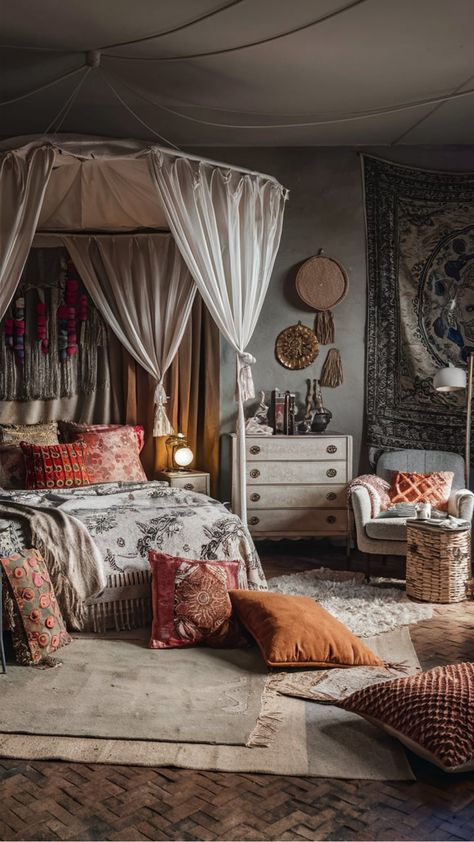 Bohemian-style bedroom with draped canopy bed, patterned pillows, layered rugs, and eclectic decor. Rich Person Bedroom, Romani Home Decor, Bohemian Bedroom Decor Ideas, Boho Bedrooms, Bohemian Bedroom Design, Chic Loft, Bohemian Bedroom Decor, Personal Aesthetic, Chic Bohemian