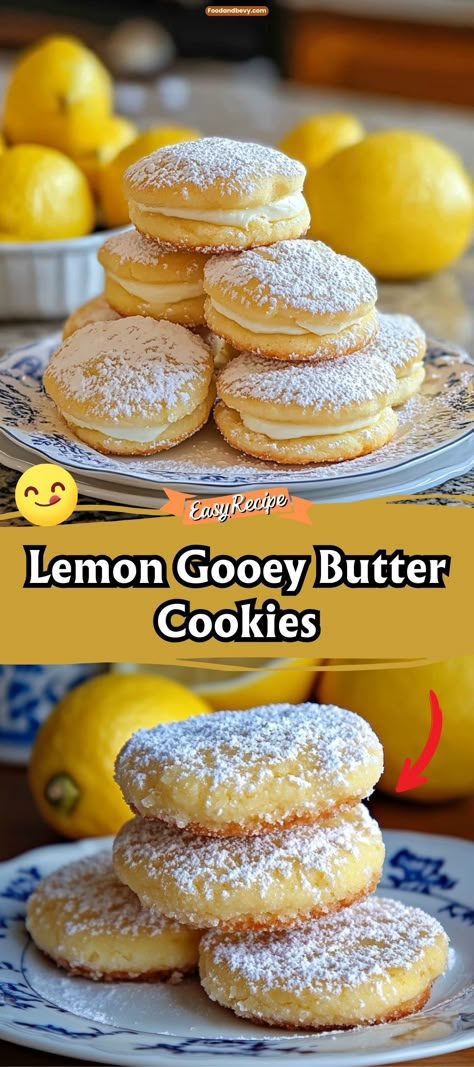 Experience the delightful zest of Lemon Gooey Butter Cookies, a soft, chewy treat that melts in your mouth. These cookies are made with a tangy lemon base and topped with a dusting of powdered sugar, creating a perfect balance of sweet and tart. Ideal for lemon lovers and a great addition to any cookie platter. #LemonCookies #ButterCookies #DessertTime Soft Lemon Cookies Recipes, Lemon Gooey Butter Cookies, Lemon Butter Cookies, Soft And Chewy Sugar Cookies, Butter Cake Cookies, Lemon Cookies Easy, Tea Party Cookies, Gooey Butter Cookies, Lemon Cookie