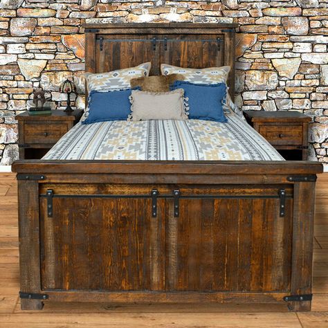 Barn Door Bed - King Barn Door Bedroom, Cabin Beds, Cloth Bed, Western Bedrooms, Door Bed, Western Bedroom Decor, Log Bed, Door Bedroom, Western Bedroom