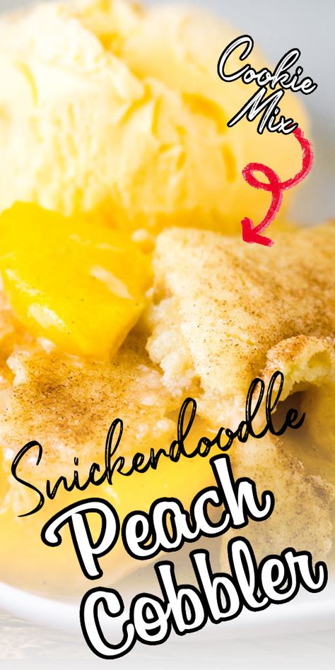 With just a few fresh peaches and a bag of snickerdoodle cookie mix you can make the best sugar cookie peach cobbler! It's so easy to make and perfect with a scoop of vanilla ice cream! #peachcobbler #snickerdoodles #summerrecipe #dessertrecipe #summerdessert Can Peach Cobbler, Snickerdoodle Cookies Easy, Easy Peach Cobbler Recipe, Cobbler Easy, Frozen Peaches, Homemade Strawberry Sauce, Snickerdoodle Cookie, Sugar Cookie Mix, Peach Cobbler Easy