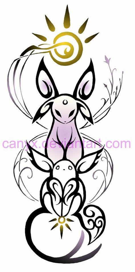 Eevee and Espeon COMMISSION by Canyx on DeviantArt Espeon Tattoo Ideas, Eevee Tattoo Ideas, Eevee Evolutions Tattoo, Espeon Tattoo, Evee Pokemon, Eevee Art, Eevee Tattoo, Women Drawings, Fox Tattoo Design