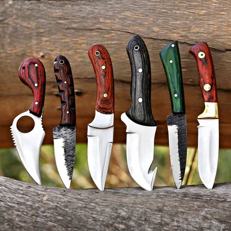 Custom Handmade Unique Set/Lot of 6 Different Knives with leather sheath - Best Gift For Him / Her These can serve purpose as hunting knives, skinners and as chef knives set too. Different designs and materials made this set a unique gift for your loved ones. Blade Material: All knives are made of Carbon Steel Handle Material: All knives have wooden handle Note: Package contains 6 knives same as shown in pictures. These superb design knives are hand forged and comes in belt supportive lea... Kitchen Knives Handmade, Tool Knives, Kitchen Utility, Tool Blade, Knife Gifts, Chef Knives, Best Gifts For Him, Handmade Kitchen, Chef Knife Set