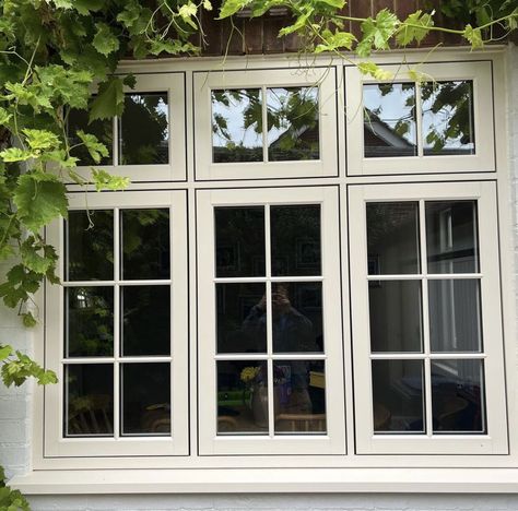 R9 installation in Clotted Cream, finished with georgian bars and Antique Bronze monkey tail handles. Casement Windows Exterior, Wooden Casement Windows, Wooden Window Design, Georgian Windows, Lace Window, Balcony Railing Design, Georgian Architecture, Timber Windows, Window Grill Design