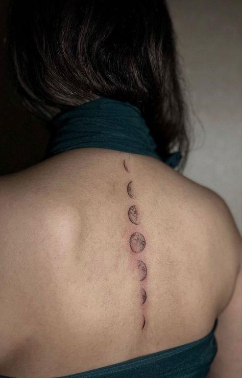 Moon Stages Tattoo, Moon Tattoo Spine, Moon Phase Down Spine Tattoo, Moon Cycle Tattoo Spine, Moon Phases Tattoo Spine, Phases Of The Moon Spine Tattoos For Women, Phases Of The Moon Tattoo Spine, Solar System Spine Tattoo, Planets Spine Tattoo