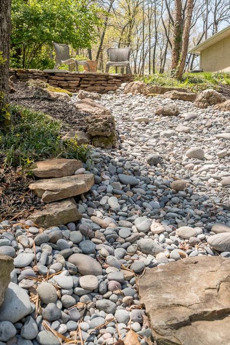 Dry Pond Landscaping, Cheap Front Yard Landscaping, Creek Bed Landscaping, Backyard Creek, Dry Riverbed Landscaping, Creek Landscaping, Sloped Front Yard, Creek Ideas, Yard Wall