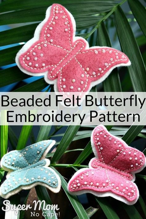 Make one (or more) of these beautiful Beaded Felt Butterflies. Free pattern to download and stitch in your favorite colors of felt and embroidery floss. The beads add that extra special touch. Perfect to turn into brooches, hair clips or to hang by invisible thread in your window. #butterflies #feltprojects #embroidery #beading Felt Butterflies, Fabric Butterflies, Felt Butterfly, Tote Bag Pattern Free, Baby Mobil, Butterfly Ornaments, Beginner Sewing Projects Easy, Butterfly Embroidery, Sewing Projects For Beginners