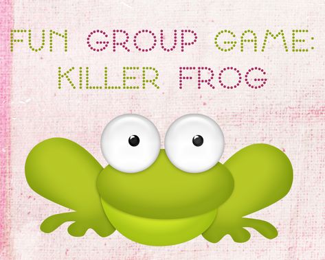 Killer Frog- I love this game. It’s fun, easy to learn and not too rowdy…Everyone sits in a circle. One person is chosen to be the “detective” and goes to a place where he or she cannot… Easy Group Games, Frog Activities, Frog Games, Homemade Carnival Games, Engagement Party Games, Reptile Party, Youth Group Activities, Summer Camp Games, Fun Group Games