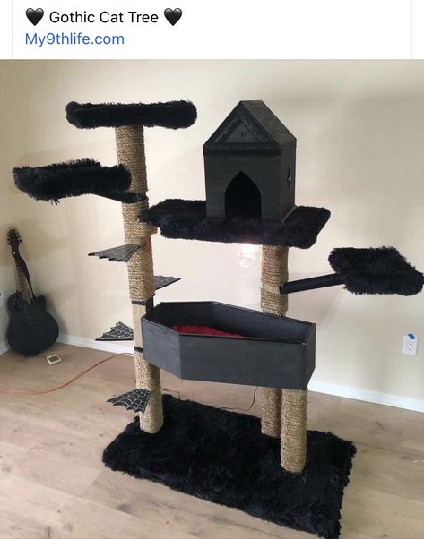 Diy Gothic Cat Tree, Gothic Cat Furniture, Gothic Cat Tree, Goth Cat Tree, Goth Room Decor Diy, Cat Apartment, Diy Animals, Goth Houses, Katt Grejer