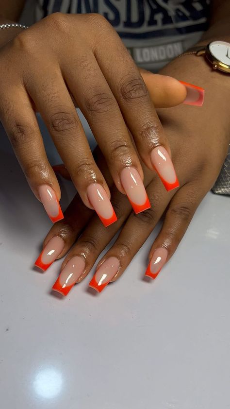 Pretty Gel Nail Designs, Nail Designs With Red, French Color Nails, French Tip Nails With Color, French Orange, French Tip Nails Color, Colored French Tip Nails Acrylics, Color French Tip Nails, Orange French Tip