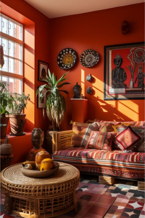 Orange And Maroon Living Room Decor, Dark Orange Living Room Walls, Living Room Orange Walls, Dark Orange Room, Orange Walls Living Room, Orange Feature Wall, Orange Living Room, Calm Room, Decorating Ideas For Living Room