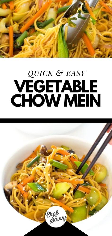 Craving Chinese takeout? Save this Best Easy Homemade Copycat Vegetable Chow Mein Recipe! Loaded with vegetables, like Bok Choy, and tons of flavor, this Vegetable Chow Mein is just like take-out but much healthier! Ready in just minutes, this is a perfect quick and easy healthy stir-fry recipe for busy weeknights and a great way to clear out the fridge. Follow Chef Savvy for more Pasta & Noodles recipes! Pasta Noodles Recipes, Vegetable Chow Mein Recipe, Chow Mein Recipe Vegetable, Stir Fry Recipes Healthy, Vegetable Chow Mein, Chef Savvy, Easy Stir Fry Recipes, Chow Mein Recipe, Noodles Recipes