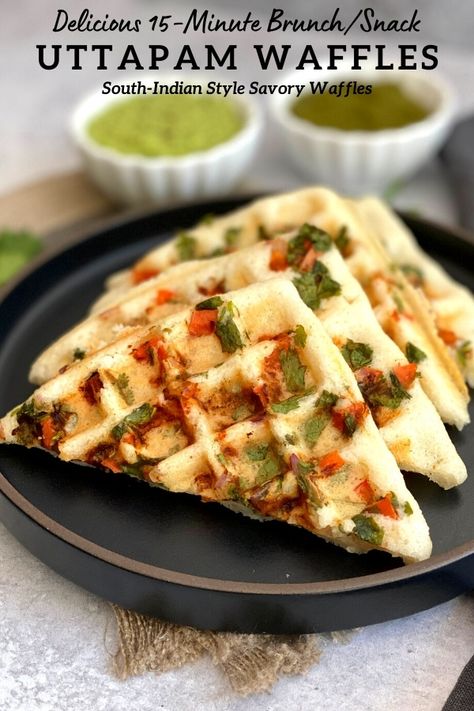 Desi Brunch Ideas, Waffles Savory, Fusion Foods, Savory Waffle Recipe, Indian Chaat, Uttapam Recipe, Asian Cakes, Dosa Batter, Waffle Maker Recipes