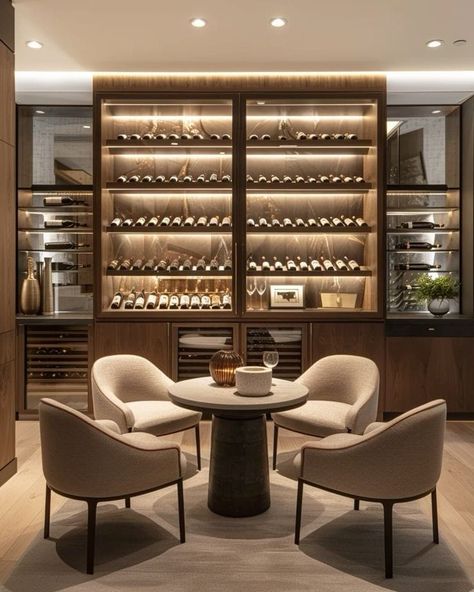 Wine Cellar With Seating, Wine Room With Seating, Modern Wine Bar Design, Wine Tasting Room Ideas Interior Design, Modern Wine Cellar Design, Wine Room Ideas In House, Wine Tasting Room Ideas, Tasting Room Design, Modern Wine Room