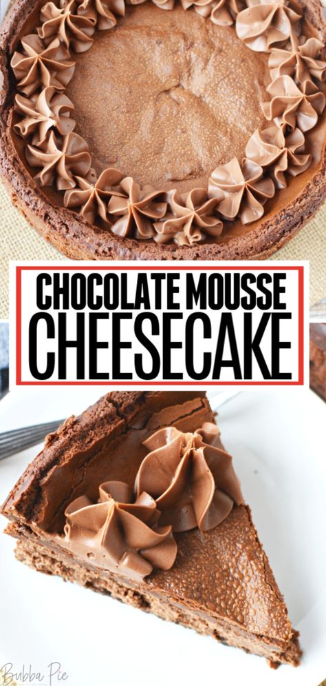 This Chocolate Mousse Cheesecake Recipe is a smooth and creamy dessert on on a buttery chocolate graham cracker crust. Topped with a light chocolate frosting, this will definitely give you the chocolate fix you are craving! #cheesecake #chocolatemoussecheesecake #dessertrecipes Light Chocolate Frosting, French Chocolate Mousse Recipe, Holiday Cheesecake Recipes, Cheesecake Mousse Recipe, Chocolate Mousse Cheesecake, Mousse Cheesecake, Chocolate Graham Cracker Crust, Comfort Food Desserts, Cheesecake Mousse