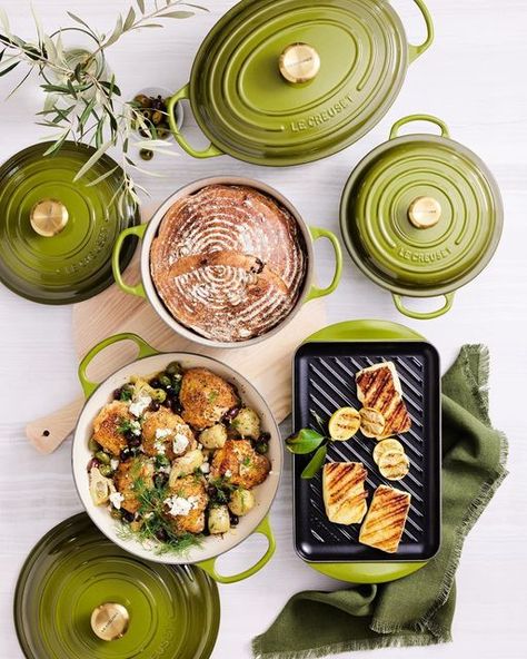 Le Creuset on Instagram: "A fresh new hue for spring. 🌿 📸: @WilliamsSonoma, featuring Olive" Le Creuset Cookware Set, Le Creuset Olive, Cast Iron Braiser, Le Crueset, French Oven, Le Creuset Cast Iron, Enameled Cast Iron Cookware, Iron Cookware, Kitchen Needs