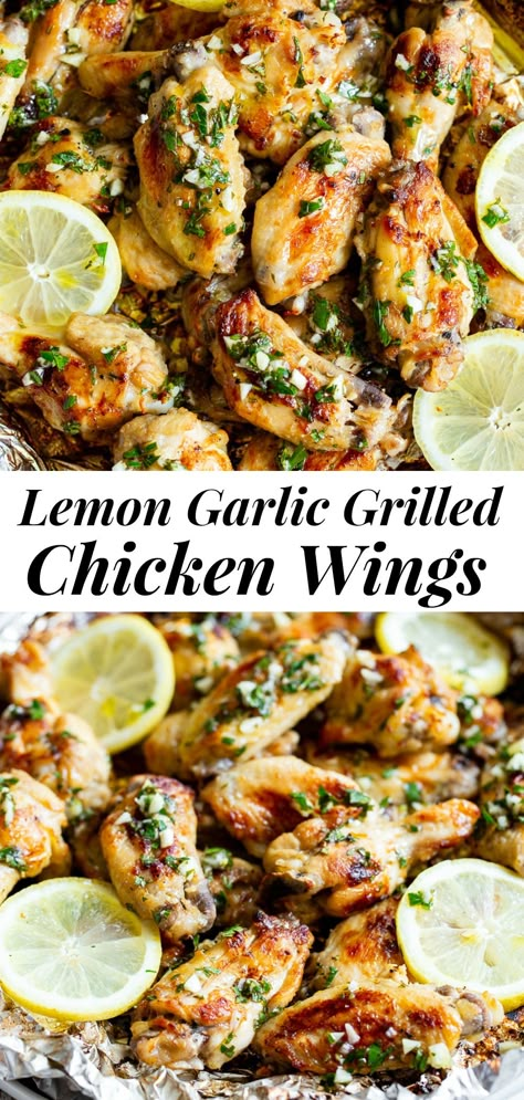 These delicious grilled chicken wings have an easy sauce with lots of bright lemon, savory garlic, and fresh herbs and go perfectly with all your favorite potato salads and summer sides! These flavor-packed wings are Whole30 compliant, paleo, keto, and dairy-free. Made on the grill with Reynolds Wrap Heavy Duty Aluminum Foil so you don’t have to worry about the foil breaking or tearing. #AD #keto #paleo #whole30 #cleaneating #ReynoldsPartner @ReynoldsBrands Lemon Garlic Chicken Wings, Easy Lemon Garlic Chicken, Lemon Garlic Marinade, Garlic Grilled Chicken, Garlic Chicken Wings Recipe, Chicken Wing Marinade, Easy Whole30 Recipes, Garlic Chicken Wings, Chicken Wing Sauces