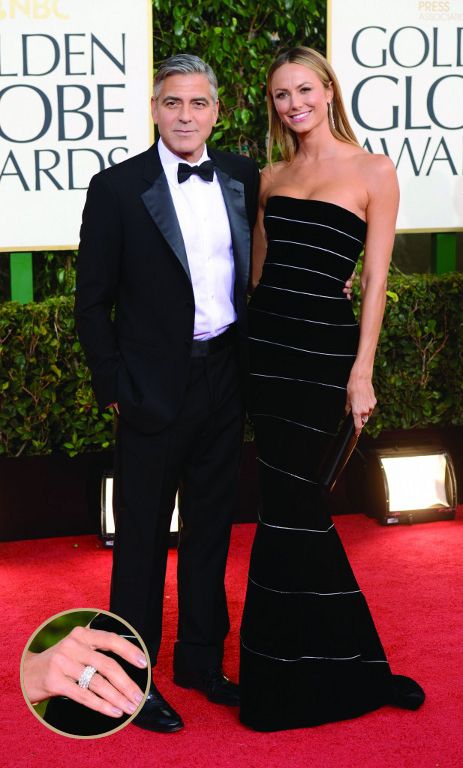 Stacy Keibler wearing Forevermark Diamond three row lattice ring set in platinum. Stacey Kiebler, Stacy Keibler, Golden Globes Red Carpet, Black Tie Affair, Famous Couples, Armani Prive, George Clooney, Golden Globe Award, Well Dressed Men