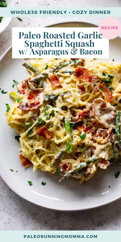 Roasted Garlic Spaghetti Squash, Paleo Spaghetti Squash Recipes, Roasted Garlic Spaghetti, Garlic Spaghetti Squash, Metabolic Renewal, Sautéed Asparagus, Paleo Roast, Dairy Free Sauces, Garlic Spaghetti