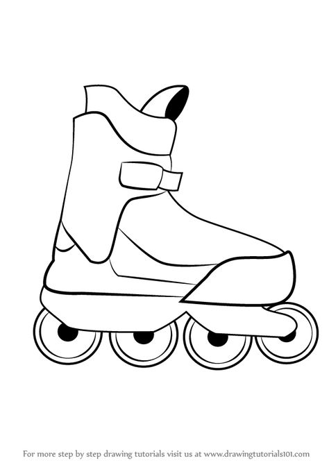 Learn How to Draw Roller Skates (Other Sports) Step by Step : Drawing Tutorials How To Draw A Roller Skate, How To Draw Roller Skates, Skates Drawing Easy, Rollerblade Drawing, Roller Skating Poses Drawing, Draw Roller Skates, Roller Blades Drawing, Roller Skates Drawing, Skating Drawing