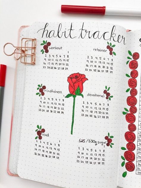 Bullet Journal Monthly Layout: Rose Theme - Andrea Peacock #bujo #habittracker #bulletjournal Habit Tracker February, Mode Tracker, Journal Monthly Layout, Bullet Journal Monthly Layout, Summer Bujo, Bullet Journal For Kids, February Bujo, Calendar Inspiration, Boulet Journal