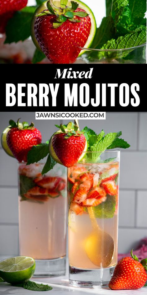 This Raspberry & Strawberry Mojito Cocktail is an easy mixed berry mojito you can make in minutes! With fresh berries, mint, simple syrup, and raspberry rum. Top them off with crushed ice and bubbly club soda for a refreshing summer cocktail that's easy to whip up for a guests (or yourself)! Berry Mojito, Summertime Cocktail, Raspberry Mojito, Summer Bbq Recipes, Flavored Rum, Mint Simple Syrup, Strawberry Mojito, Simple Syrup Recipes, Refreshing Summer Cocktails