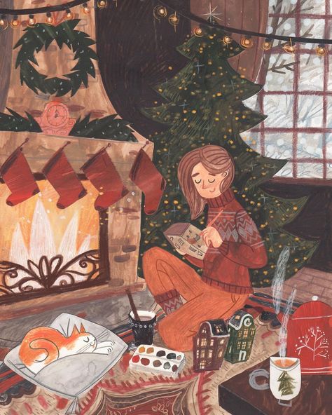 Ema Malyauka on Instagram: “My instagram already looks like a Christmas tree, but I can’t help it 😅 An another winter illustration for my friend @alices_mirror 🌲 Have…” Cozy Illustration, Cozy Art, Illustration Kunst, Winter Illustration, Dessin Adorable, Noel Christmas, Art And Illustration, Christmas Mood, Christmas Illustration