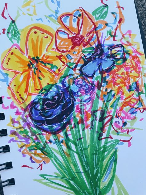 flower brush pen marker bouquet sketchbook page bright colorful fun loose flowers Flowers Drawing With Markers, Colour Pens Drawing, Marker Drawings Simple, Coloured Pen Art, Oil Marker Art, Marker Drawing Flowers, Things To Draw With Brush Pens, Colorful Pen Drawings, Alcohol Marker Flowers