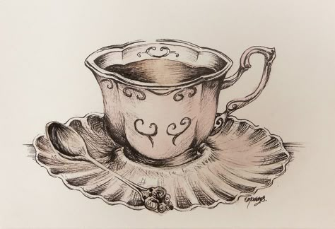 Micah Tattoo, Cup Of Tea Tattoo, Victorian Teacups, Tea Cup Drawing, Tattoos 2023, Tea Tattoo, Teacup Tattoo, Mug Drawing, Cup Tattoo