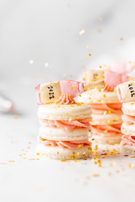 Sparkling Rosé Macaron Stacks - Posh Little Designs Rose Frosting, Vanilla Jam, Vanilla Bean Frosting, Bottle Decorations, Macaron Cake, Royal Icing Transfers, Sugared Cranberries, Pink Food Coloring, Pink Icing