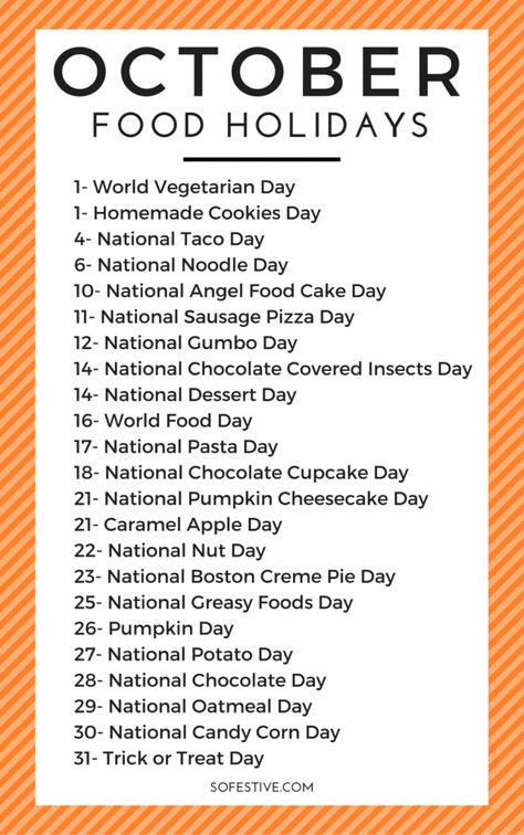 Monthly Holidays, National Holiday Calendar, October Food, Silly Holidays, National Dessert Day, World Vegetarian Day, Monthly Celebration, October Holidays, Food Holidays