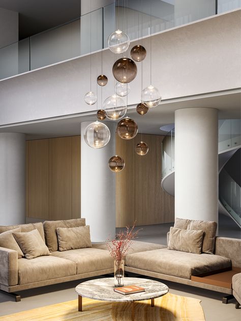 Random Solo, design by Chia-Ying Lee, Suspension Lamp | Lodes Void Lighting, Cairo Hotel, Cool Chandeliers, Frosted Lamp, Vibrant Living Room, Living Room Chandelier, Italia Design, White Canopy, Linear Pendant Light