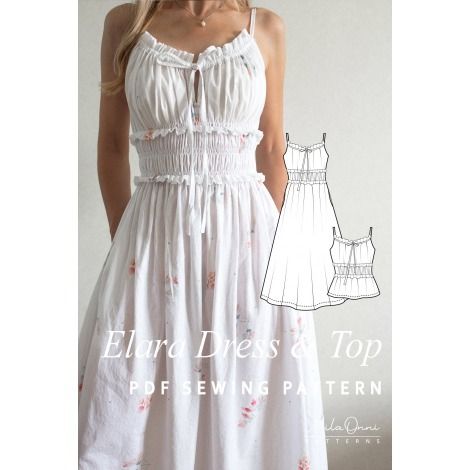 Elara Dress & Top Pattern - Smocked Ruffled Dress Sewing Pattern with Detailed Instructions | MilaOnni sewing patterns Dress Weights, Elastic Thread, Ruffled Dress, Top Sewing Pattern, Romantic Design, Chic Top, Sewing Pattern Sizes, Smocked Dress, Dress Sewing Pattern