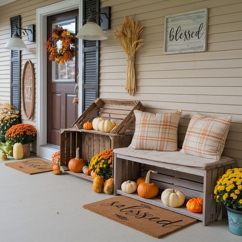 Front Porch Fall Decor Ideas🧡🧡🧡 Simple Fall Front Porch Ideas, Fall Porches Ideas Autumn, Small Fall Porch, Front Porch Fall Decor Ideas, Cozy Front Porch Ideas, Cottage Front Porch, Porch Fall Decor, Fall Front Porch Ideas, Apple Crates