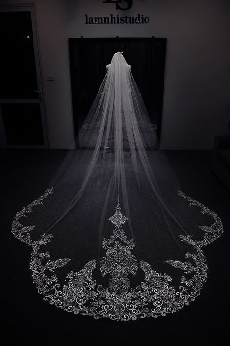 Long Wedding Veils, Bridal Shop Ideas, 3d Leaves, Ivory Bridal Veil, Bridal Veils And Headpieces, Long Veil Wedding, Beaded Veils, Dream Wedding Decorations, Civil Wedding Dresses