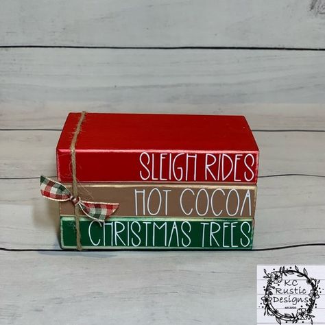 Christmas Wood Blocks, Trees Christmas Decor, Christmas Decor Wood, Wood Books, Hot Cocoa Christmas, Sleigh Rides, Tier Trays, Tiered Tray Diy, Cocoa Christmas