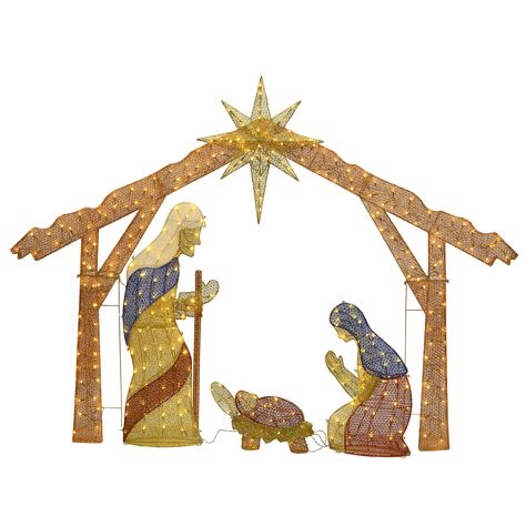 Buy 8ft. Nativity Scene with Clear Lights at Michaels. com. This set includes a kneeling Mary and standing Joseph figures, a baby Jesus and a shining star above the enclosing structure. This set includes a kneeling Mary and standing Joseph figures, a baby Jesus and a shining star above the enclosing structure. It is constructed with a metal wire frame and a sparkled mesh fabric material that is strong and durable to provide many years of enjoyment. Details: Gold 8 ft. 315 twinkling white LED lig Nativity Sets Display, Outdoor Christmas Decorations Lights, Nativity Scene Sets, White String Lights, Christmas Yard Decorations, Christmas Nativity Scene, Christmas Yard, Decorating With Christmas Lights, White Led Lights