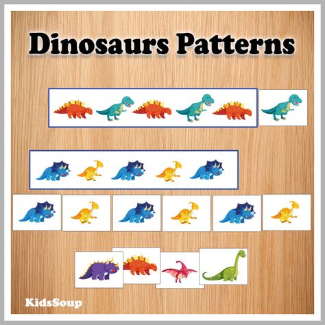 Dinosaurs Math Preschool Activity - Patterns Skill: Identifies, recognizes, predicts patterns: Can create and extend simple patterns Dinosaur Patterns Printable Free, Dinosaur Patterns Printable, Dinosaur Math Activities Preschool, Dinosaur Craft Preschool, Dinosaur Preschool Activities, Dinosaur Counting, Dinosaur Math, Dinosaur Crafts Preschool, Dinosaur Ideas