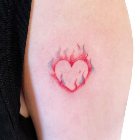 Pink Flame Tattoo, Delicate Flame Tattoo, Burning Heart Tattoo Minimal, Pink Cloud Tattoo, Flaming Heart Tattoo Simple, Heart Fire Tattoo, Flame Heart Tattoo, Fireheart Tattoo, Burning Heart Tattoo