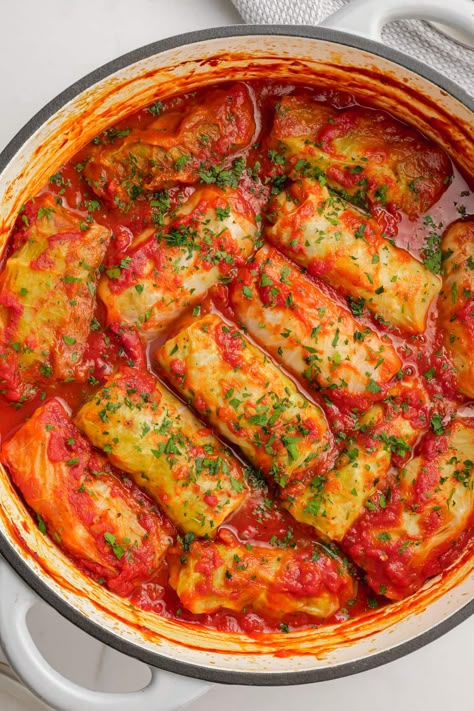 cooked cabbage rolls in dutch oven with fresh parsley Cabbage Rolls Stovetop, Cabbage Rolls Dutch Oven, Italian Cabbage Rolls, Halupki Recipe Cabbage Roll, German Cabbage Rolls, Cabbage Meals, Baileys Brownies, Best Cabbage Rolls Recipe, Chicken Paprika