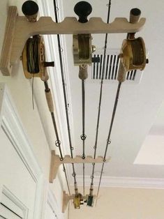 Fly Fishing Room Ideas, Fly Rod Storage, Fishing Reel Storage, Fishing Pole Storage, Diy Fishing Rod, Fishing Rod Storage, Fishing Rod Rack, Fishing Room, Kayak Storage